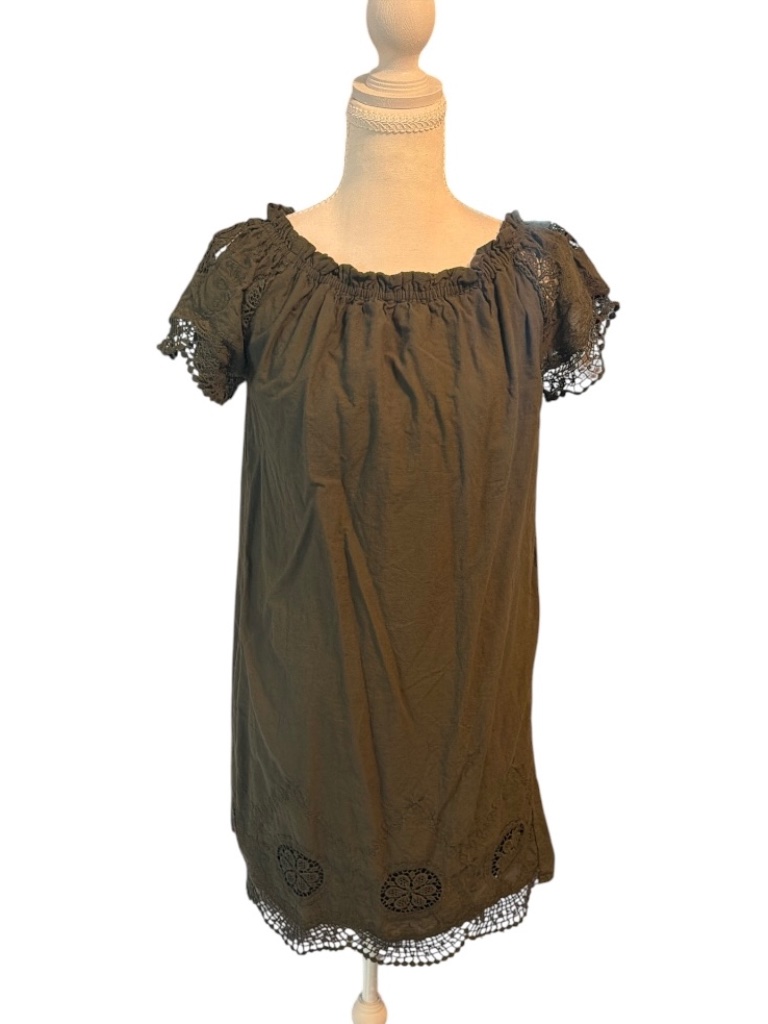 Indigo Rose Olive Boho Crochet Lace Peasant Mini Dress M